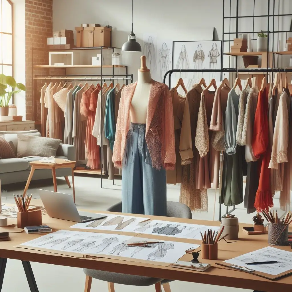 Fashion studio workspace with sketches, fabrics, and clothing rack. 10 tips to start a successful clothing brand