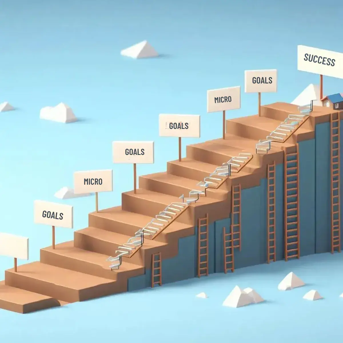 Visual metaphor showing how to focus better when your mind keeps wandering by breaking big goals into small steps leading to success