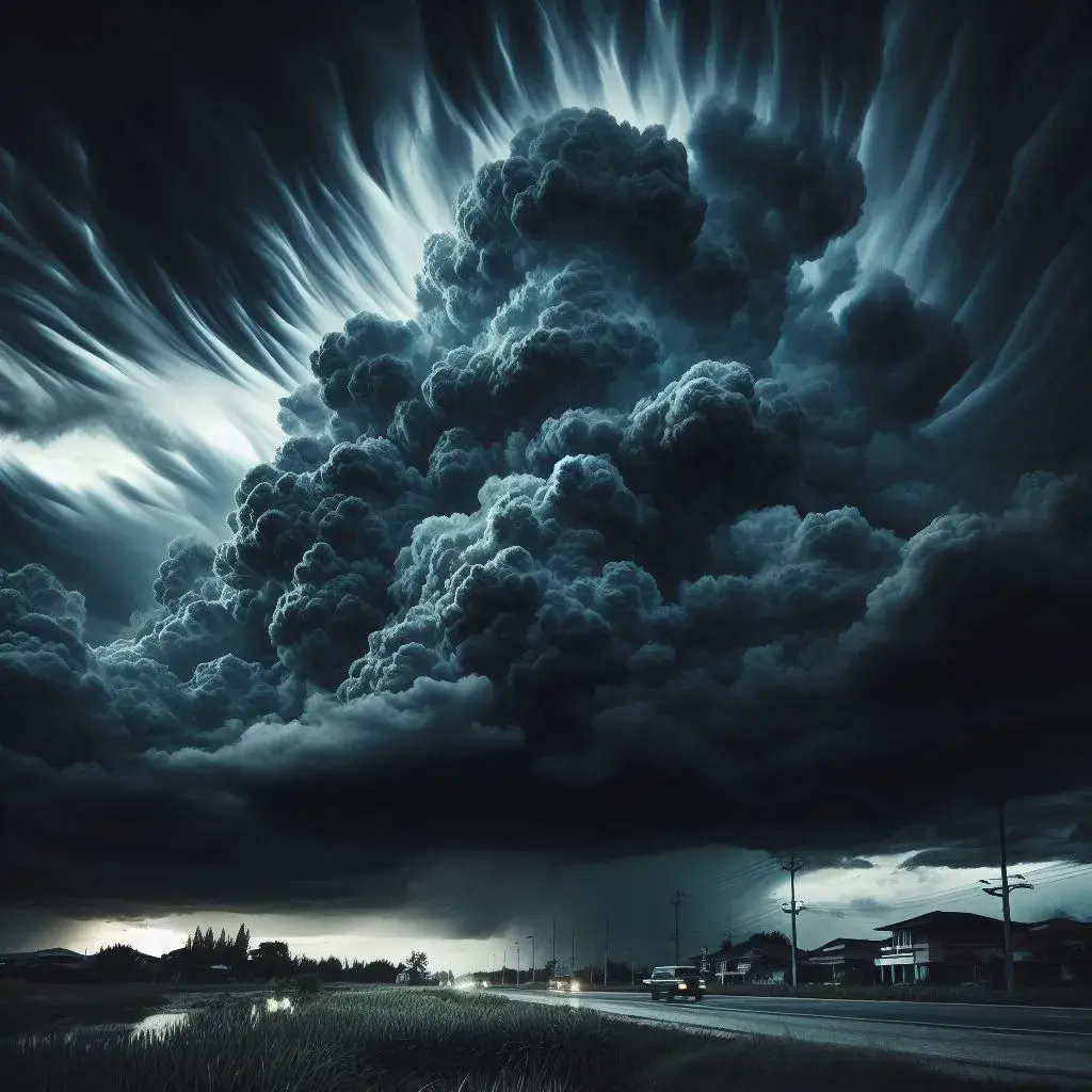 A split image with two sections. On one side, a dark and stormy cloud formation. On the other side, the same cloud formation but with a rainbow shining through, revealing hidden colors and beauty. This image represents the idea of seeing challenges from a different perspective that challenges are opportunities 