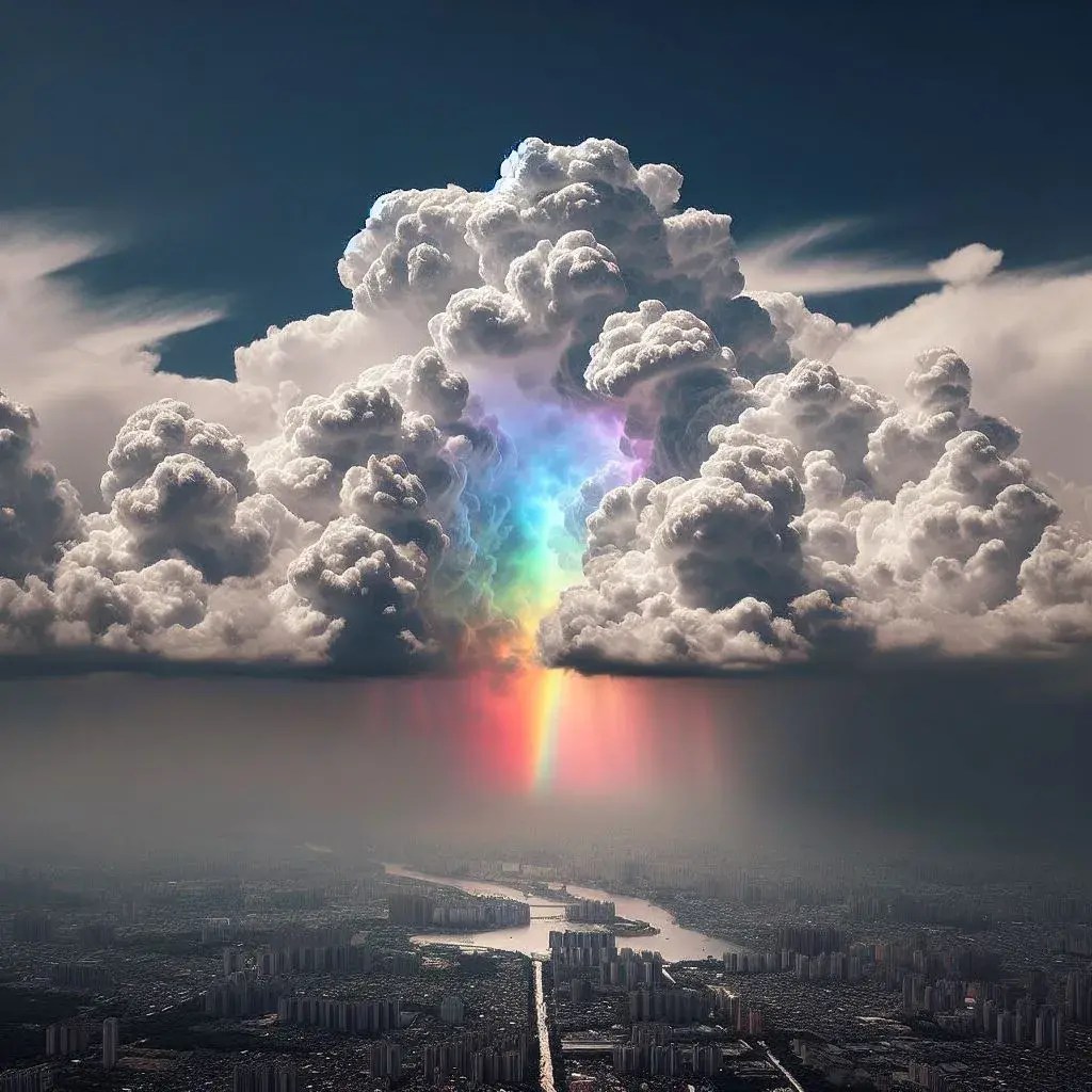 A split image with two sections. On one side, a dark and stormy cloud formation. On the other side, the same cloud formation but with a rainbow shining through, revealing hidden colors and beauty. This image represents the idea of seeing challenges from a different perspective that challenges are opportunities 