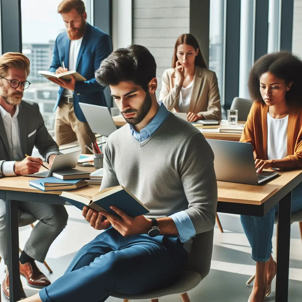Diverse professionals engaged in continuous learning activities in a modern office. One attends an online course, another reads a development book, and a third collaborates with a colleague