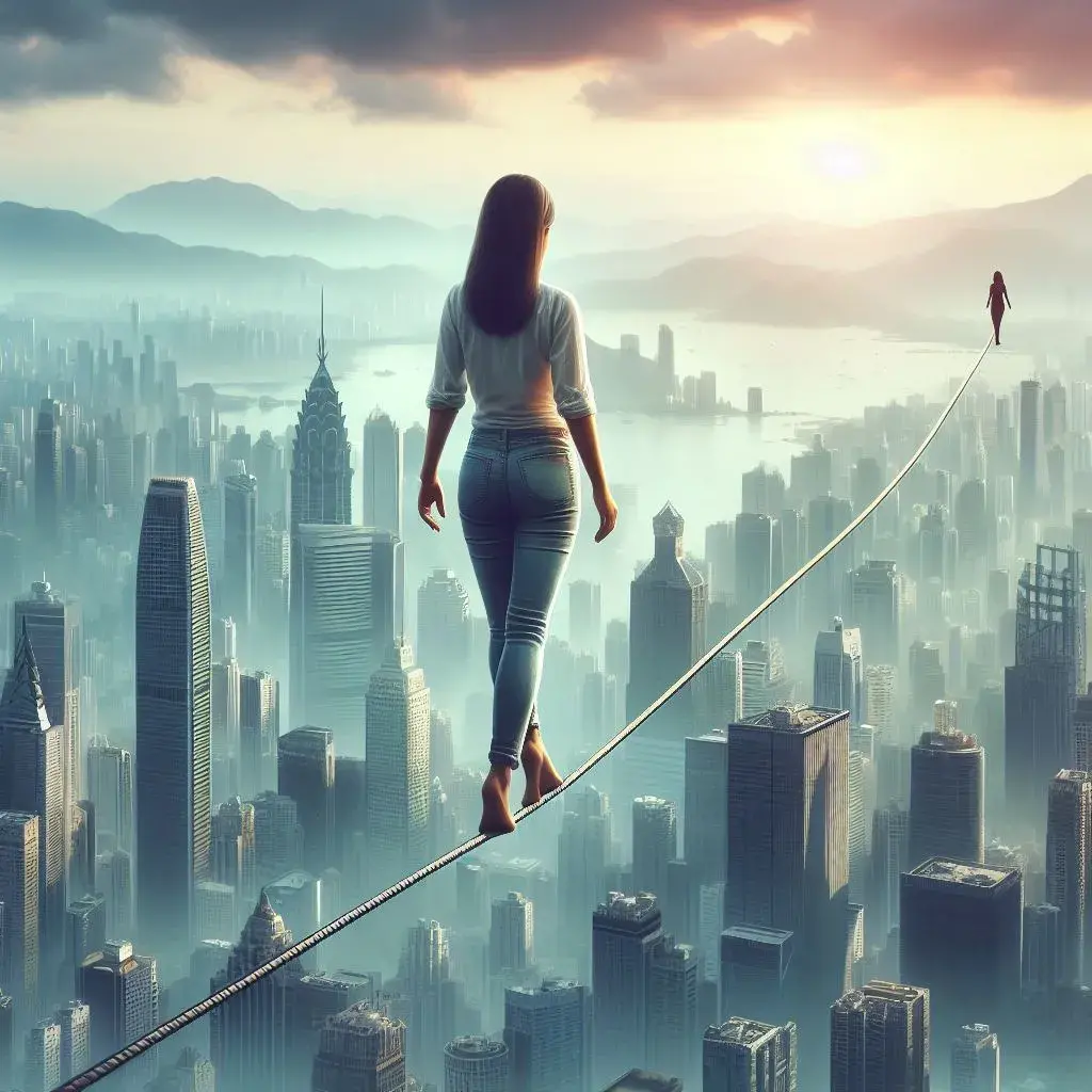 A person standing confidently on a tightrope, symbolizing navigating uncertainty with balance and focus. (how to deal with uncertainty at work)