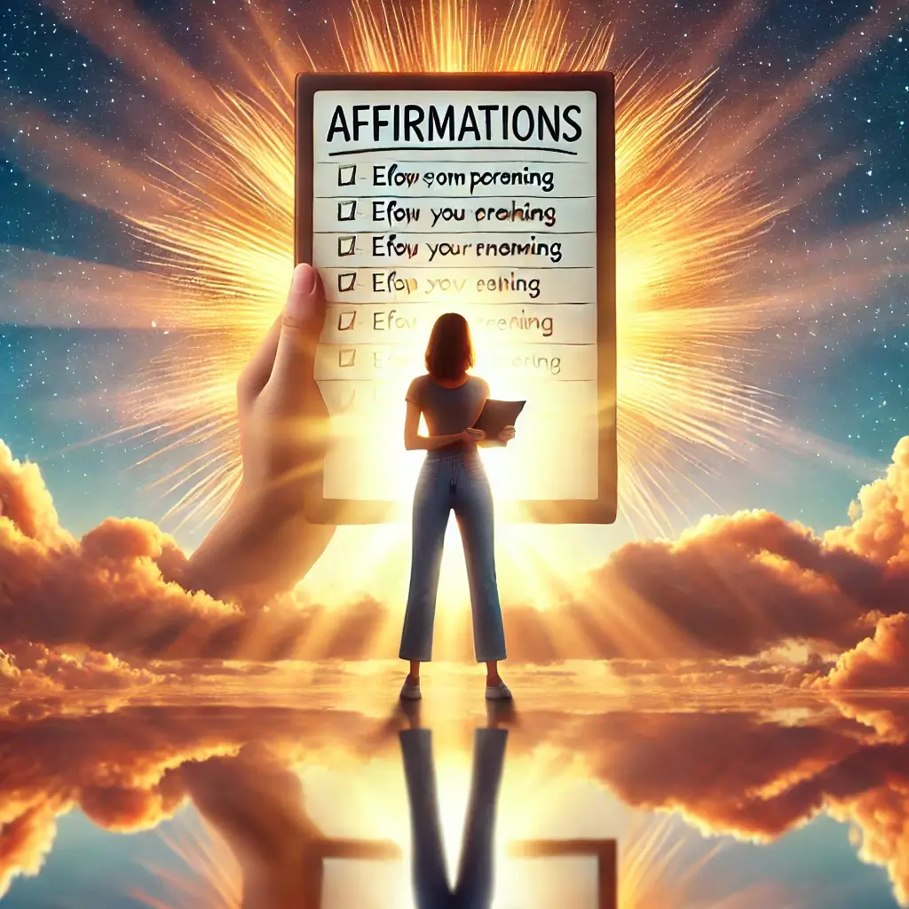 image of a person standing confidently in front of a sunrise, holding a notepad with Empowering Affirmations written on it, symbolizing self growth