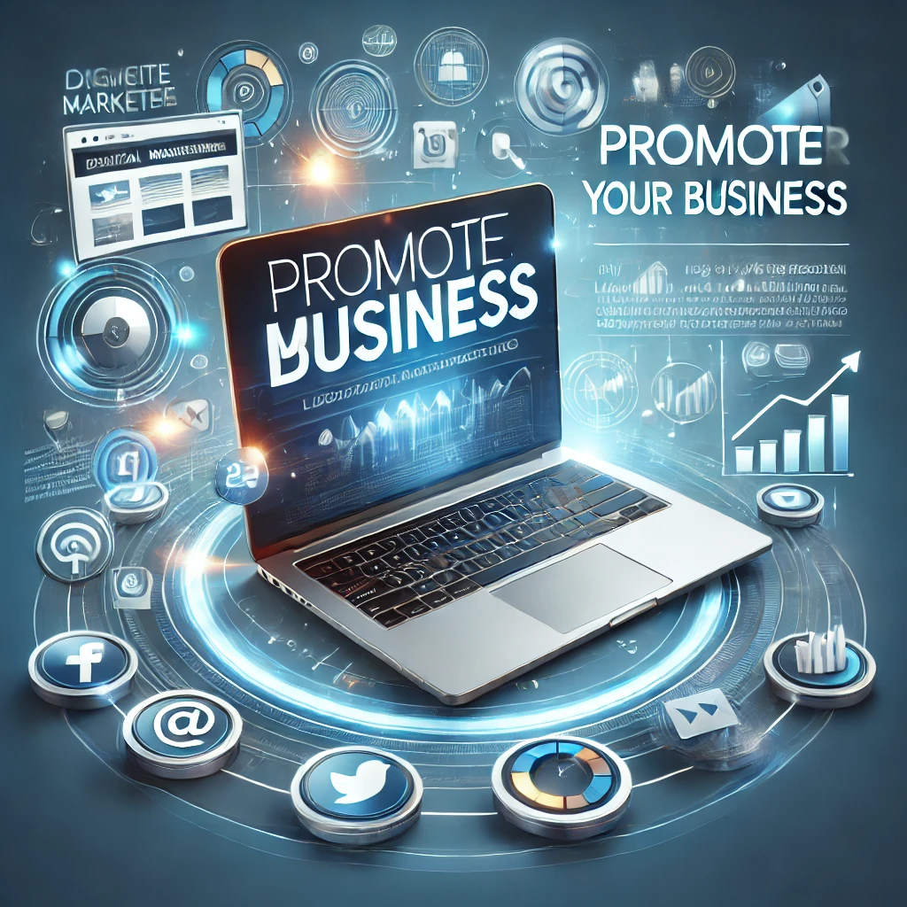 A modern, sleek design featuring a laptop, digital marketing icons, and a vibrant 'Promote Your Business' headline.