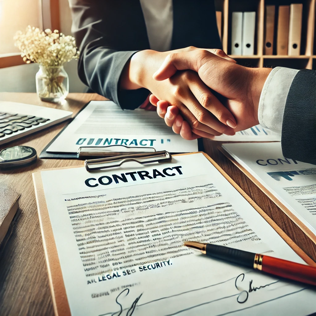 Two professionals shaking hands, symbolizing why a contract is imortant in business.