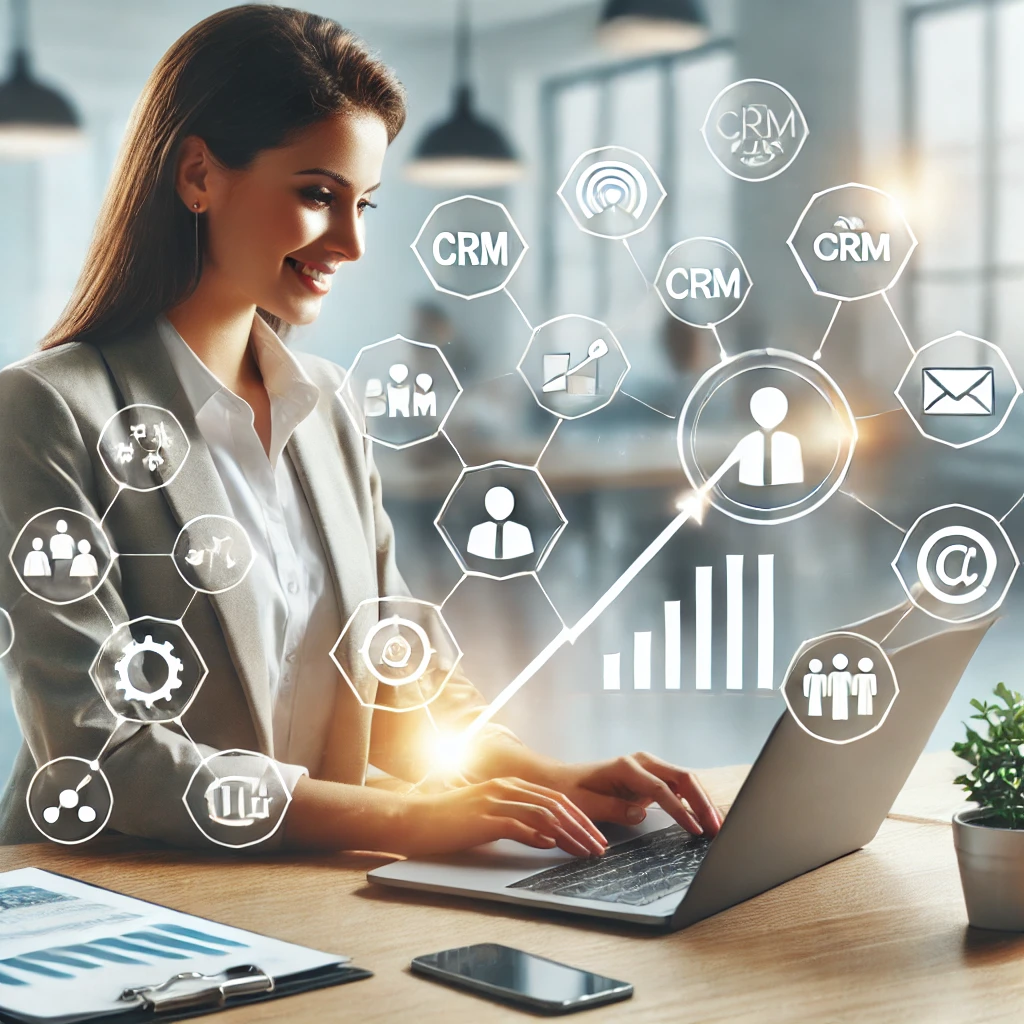 professional working on a laptop, surrounded by icons of popular business