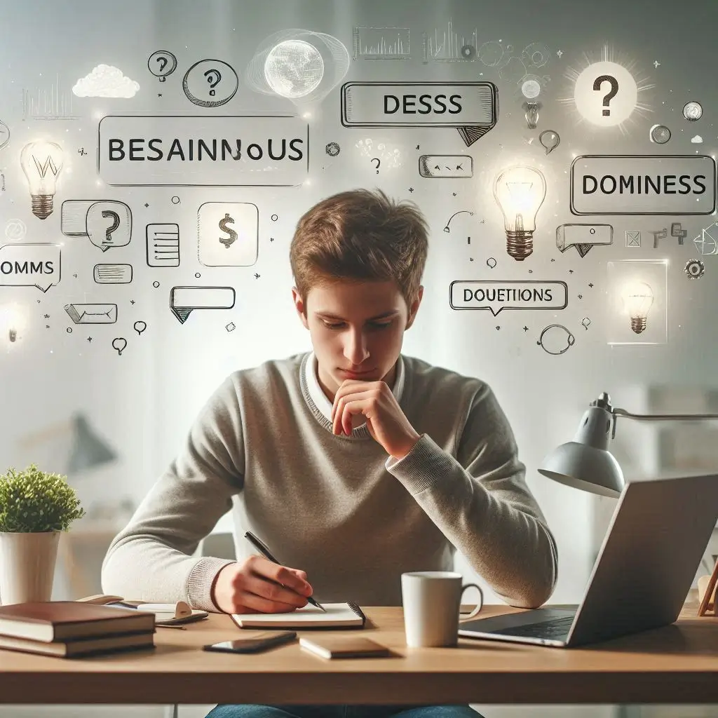 entrepreneur brainstorming ideas at a desk, surrounded by creative symbols like lightbulbs and speech bubbles, representing 'How to Choose Perfect Name for Your Business'