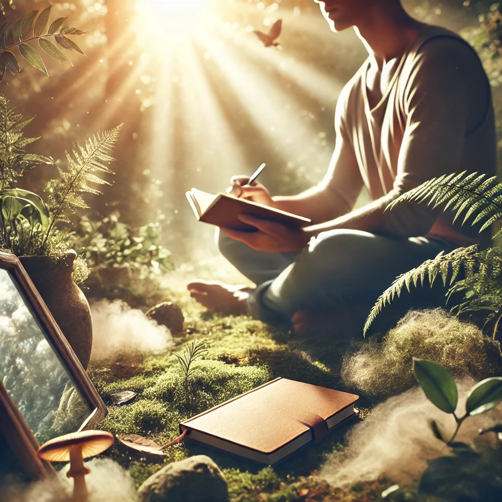 person sitting in a peaceful, natural setting, reflecting on self-awareness to manage emotional triggers with a journal.