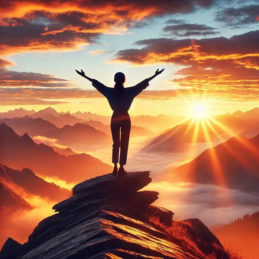 Person with raised arms on a cliff during a sunrise over mountains, symbolizing triumph and growth as an example of empowering yourself.