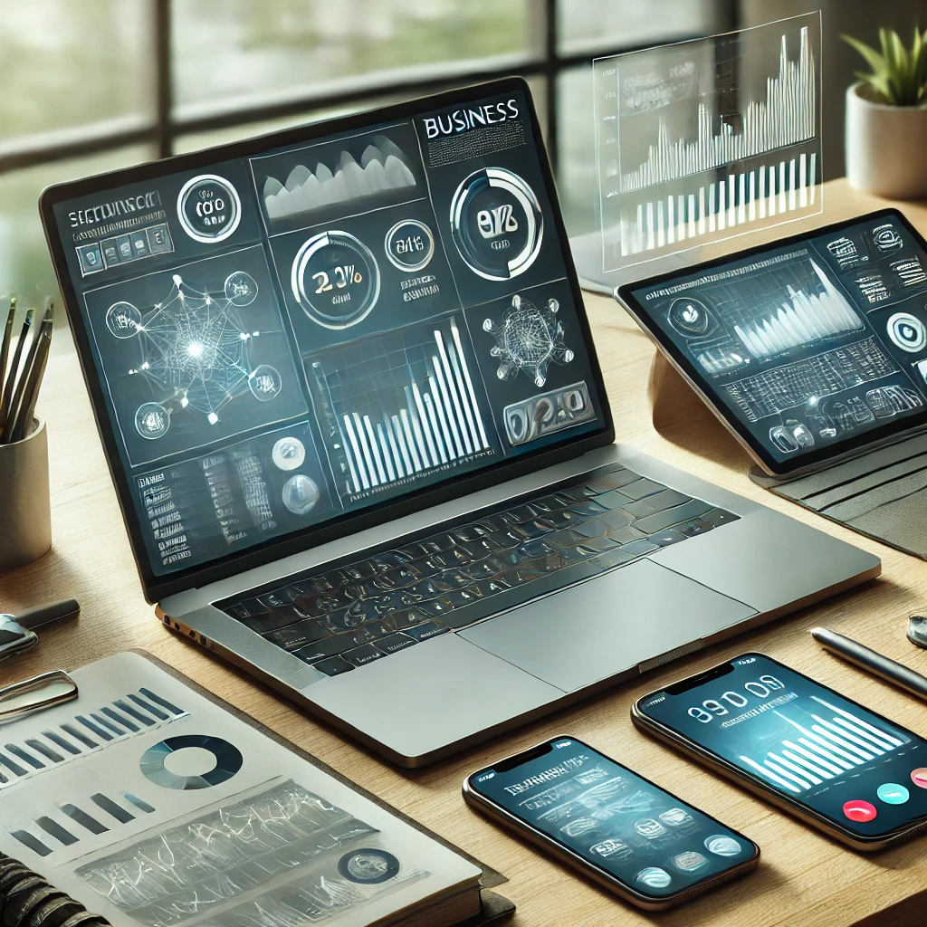 laptop showing a business dashboard, a phone with a scheduling app, and a video call, showcasing the best tools for business development.