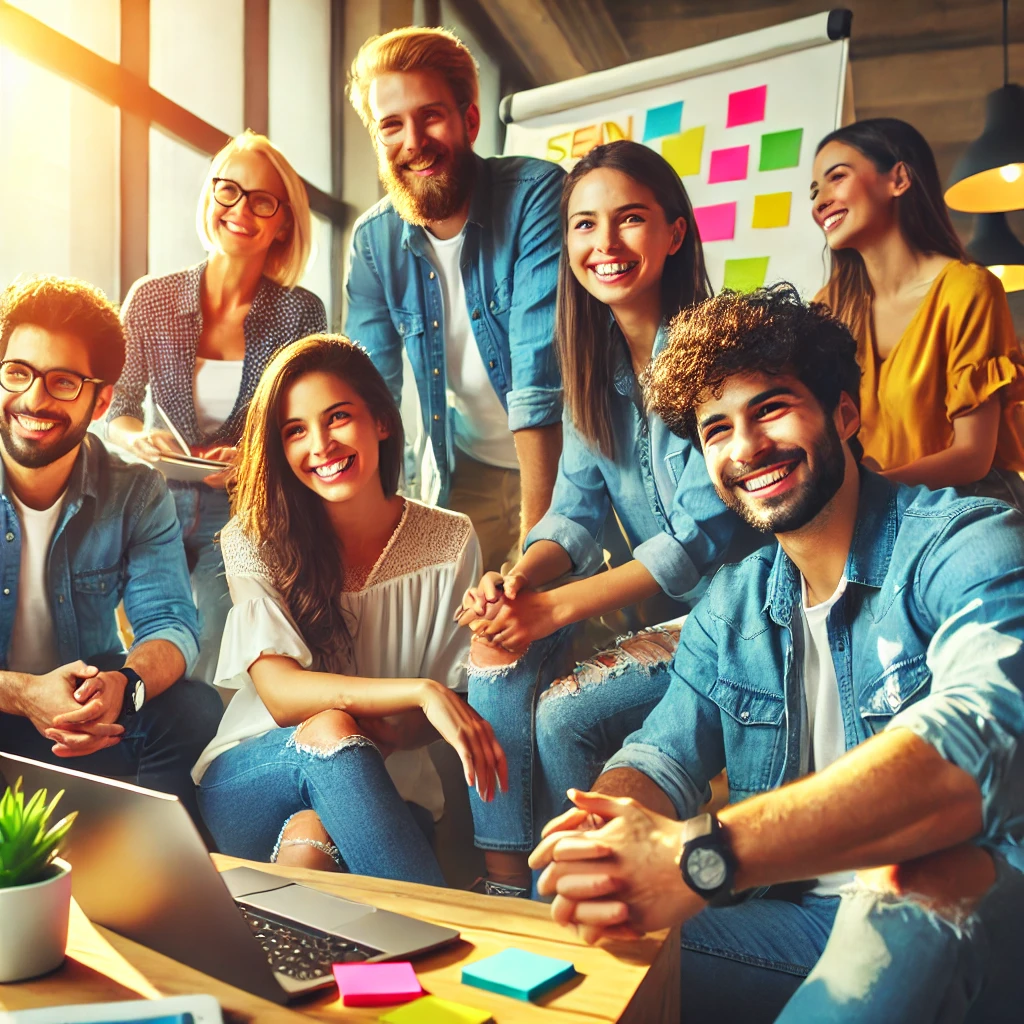 group of employees collaborating casually in a modern office, highlighting trust and teamwork as necessary for success of employee empowerment