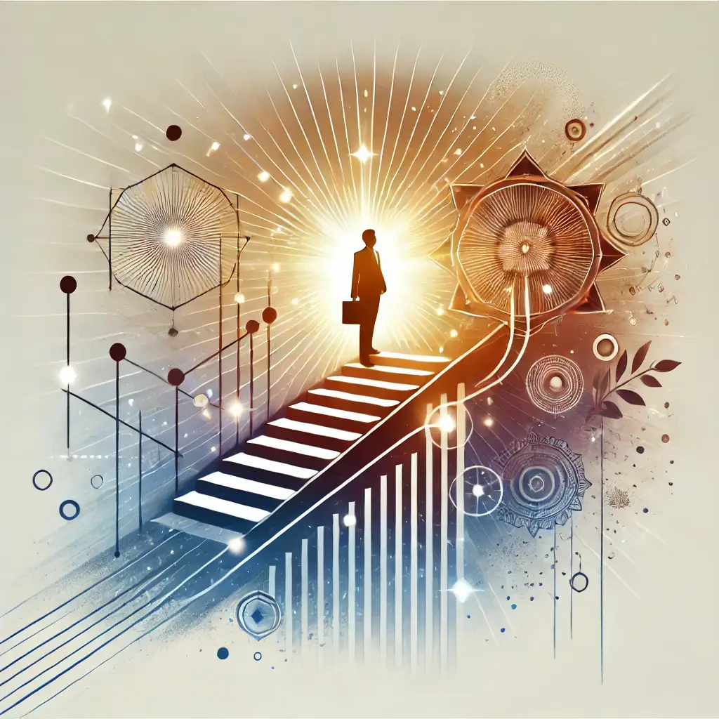 image of a glowing staircase ascending into a radiant sky, representing self-confidence and personal growth.