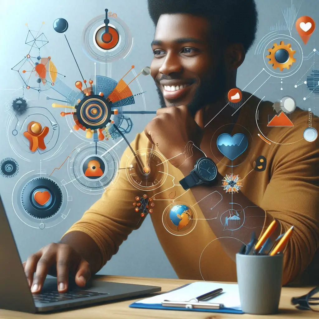 Smiling man working on a laptop with abstract confidence symbols, representing 10 ways to boost your confidence and personal growth.