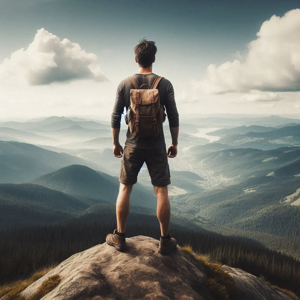 man with a backpack stands on a mountain peak, looking at landscape of hills, symbolizing overcoming fear with affirmations for courage.