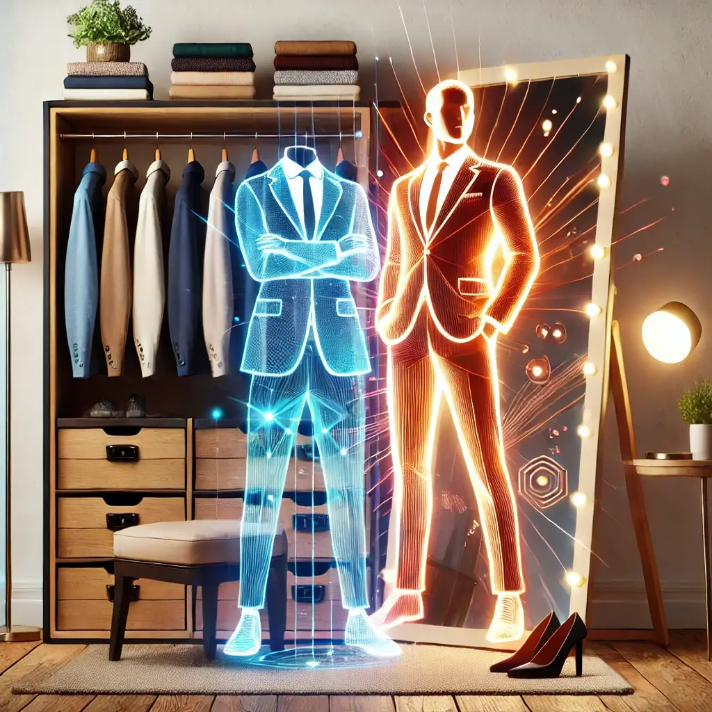 A stylish wardrobe with neatly arranged outfits and a glowing confident silhouette reflected in a mirror, symbolizing the impact of clothing on confidence and personality