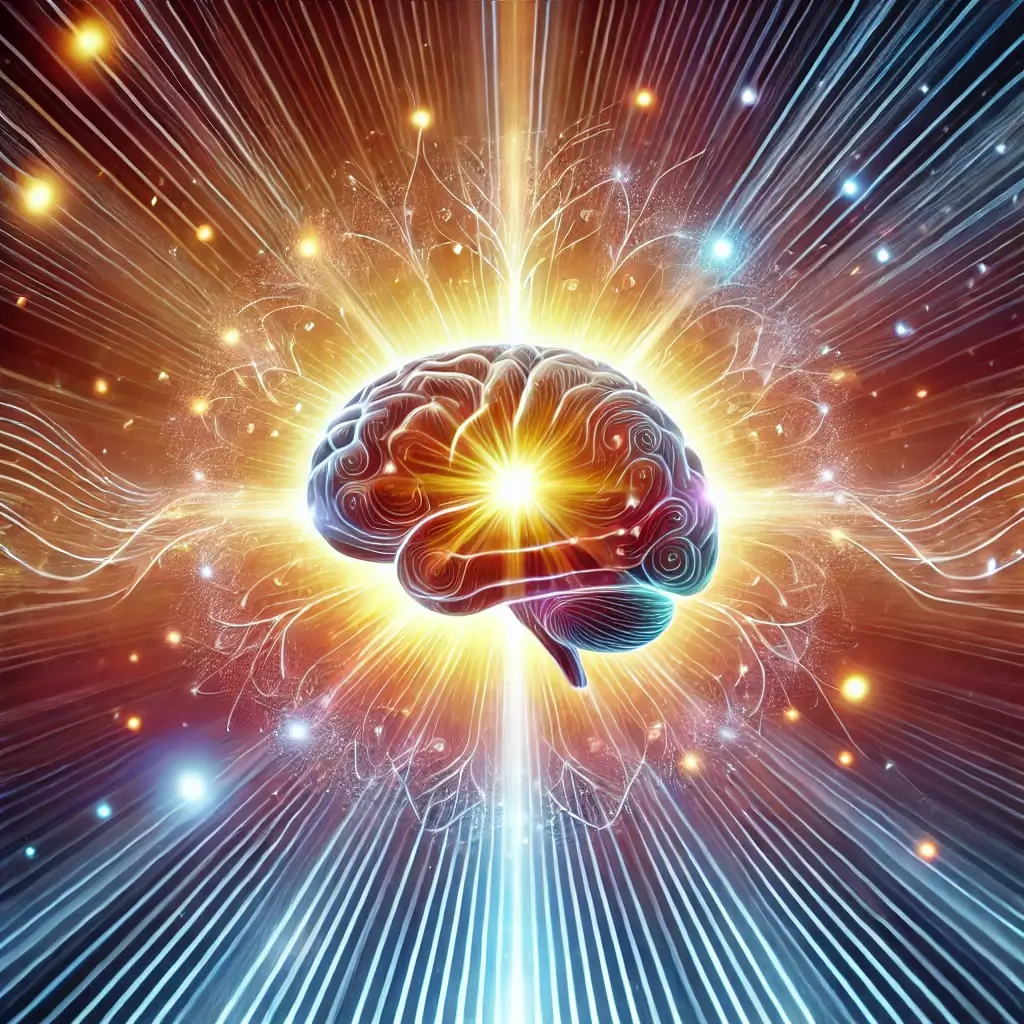 A glowing brain with uplifting energy and light rays, symbolizing the power of a positive mindset in shaping confidence and success