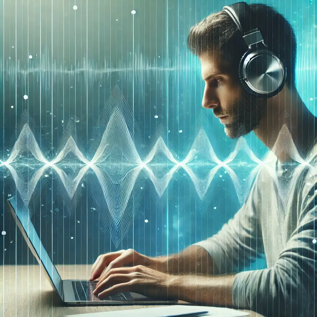 A person wearing noise-canceling headphones on a laptop, while listening to Binaural Beats to Improve Focus, with sound waves in the background representing focus frequencies.