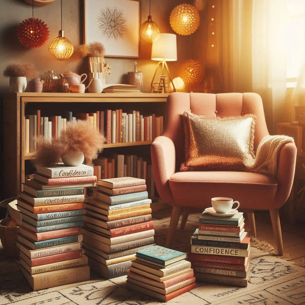 reading nook with stacks of best-selling books for self confidence