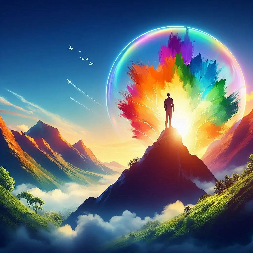 Silhouette of a person standing on a mountain with a colorful aura, symbolizing personal growth and daily habits to improve life