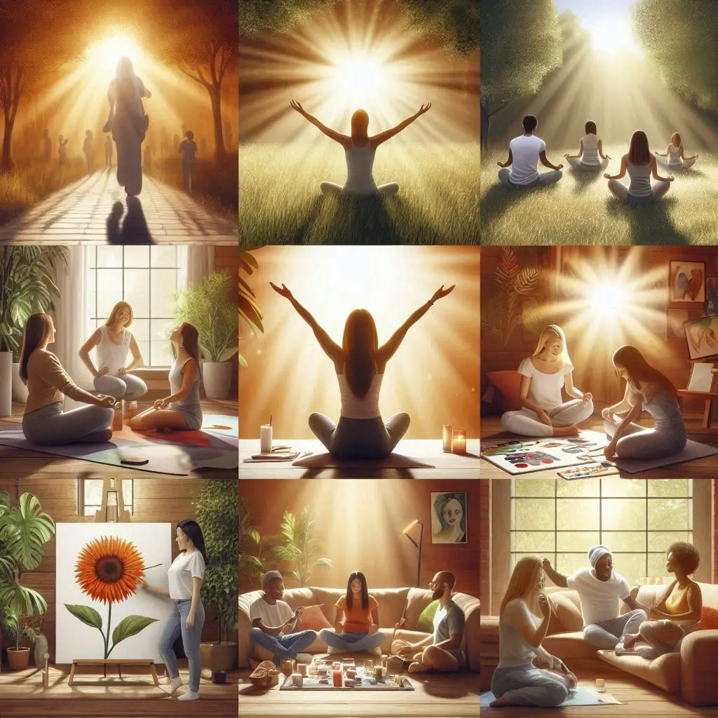 Group and individual activities promoting self-confidence and overcoming insecurities through meditation, art, and supportive social interactions in a warm, uplifting setting.