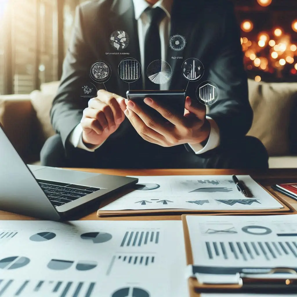 owner reviewing key metrics on a laptop, surrounded by charts and graphs, focused on data analysis for business growth and decision-making