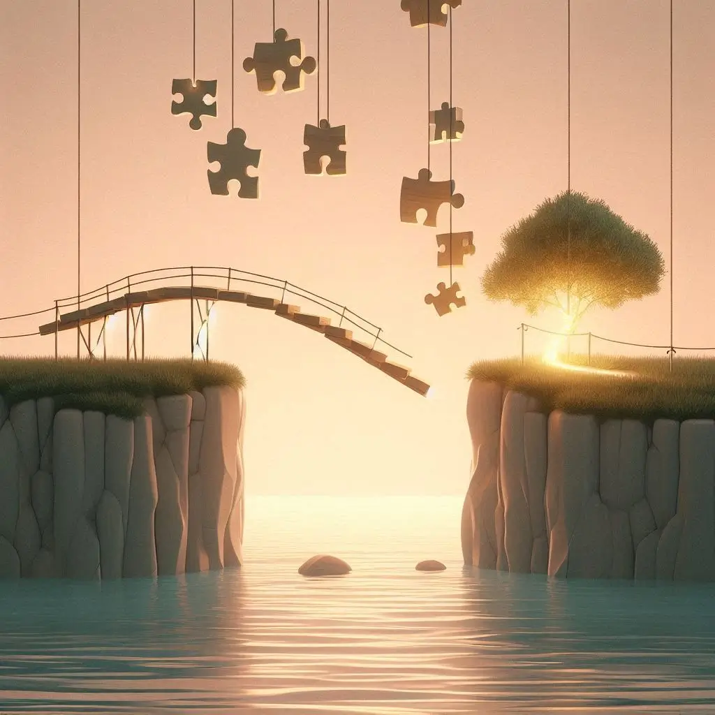 Abstract illustration symbolizing how to network without being fake, with one weak bridge and one strong, trusted path