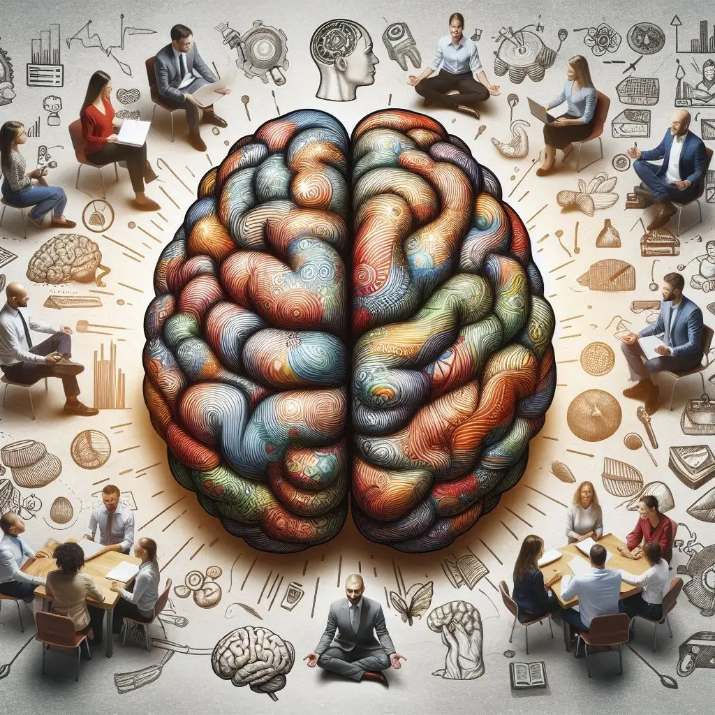 large, colorful brain is centered with diverse people around it, engaged in discussion, yoga, and teamwork, symbolizing how to be mentally healthy at work.