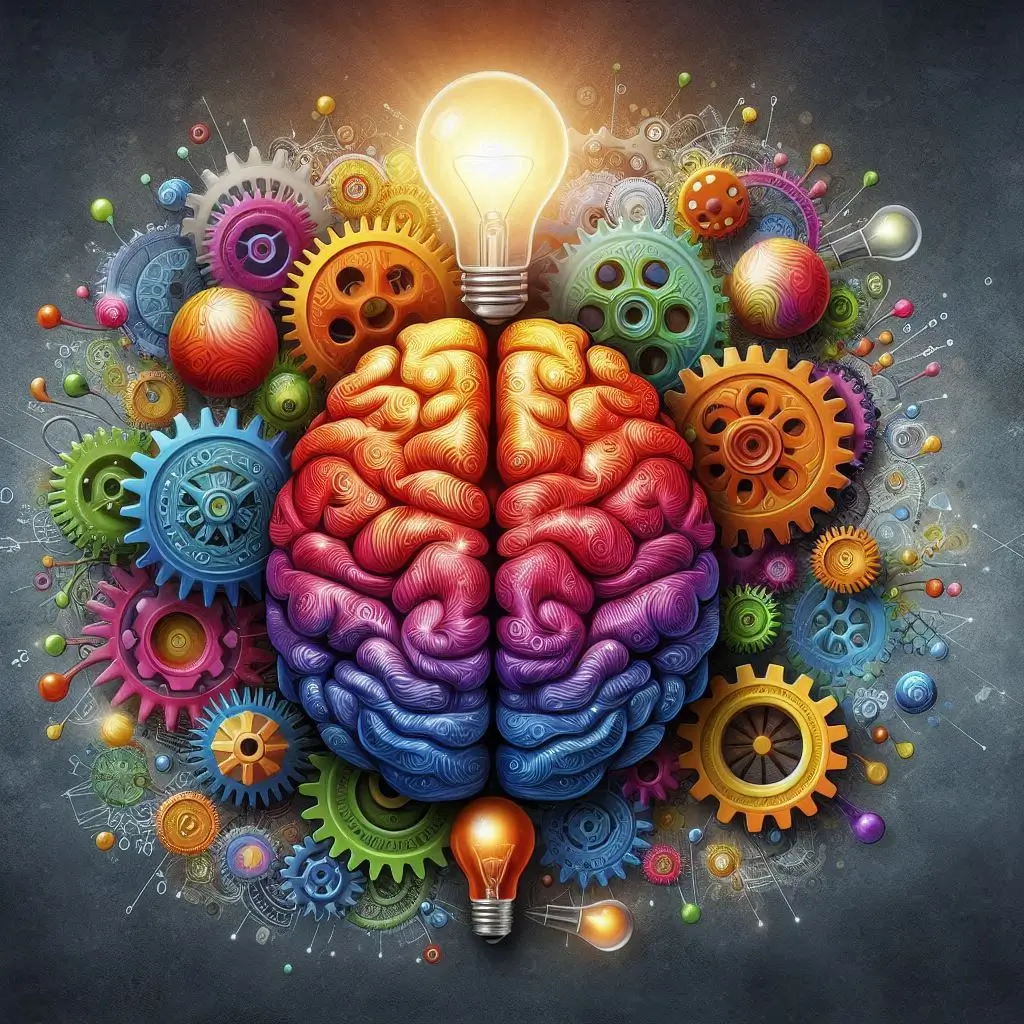 A vibrant, colorful brain surrounded by gears and orbs, symbolizing creativity and innovation, with a glowing light bulb at the top, representing to work smarter, not harder.