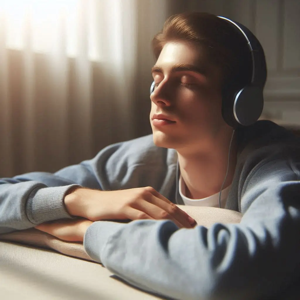 Person practicing guided hypnotherapy for improving self-esteem, wearing headphones with eyes closed and a serene expression in a calm, softly lit setting.