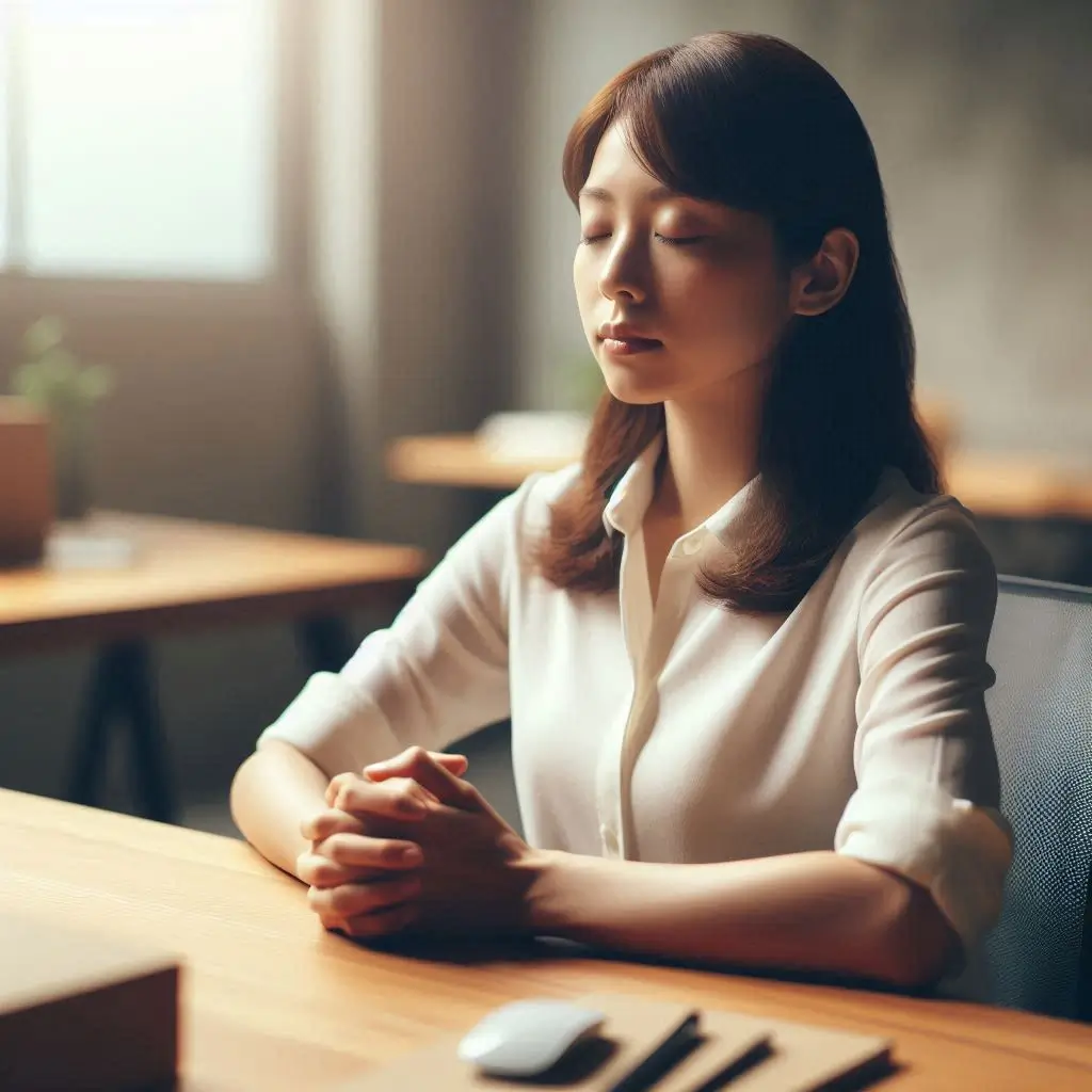 Person practicing how to Do a Mental Reset by taking a deep breath at a calm desk, representing techniques to clear the mind and reduce stress