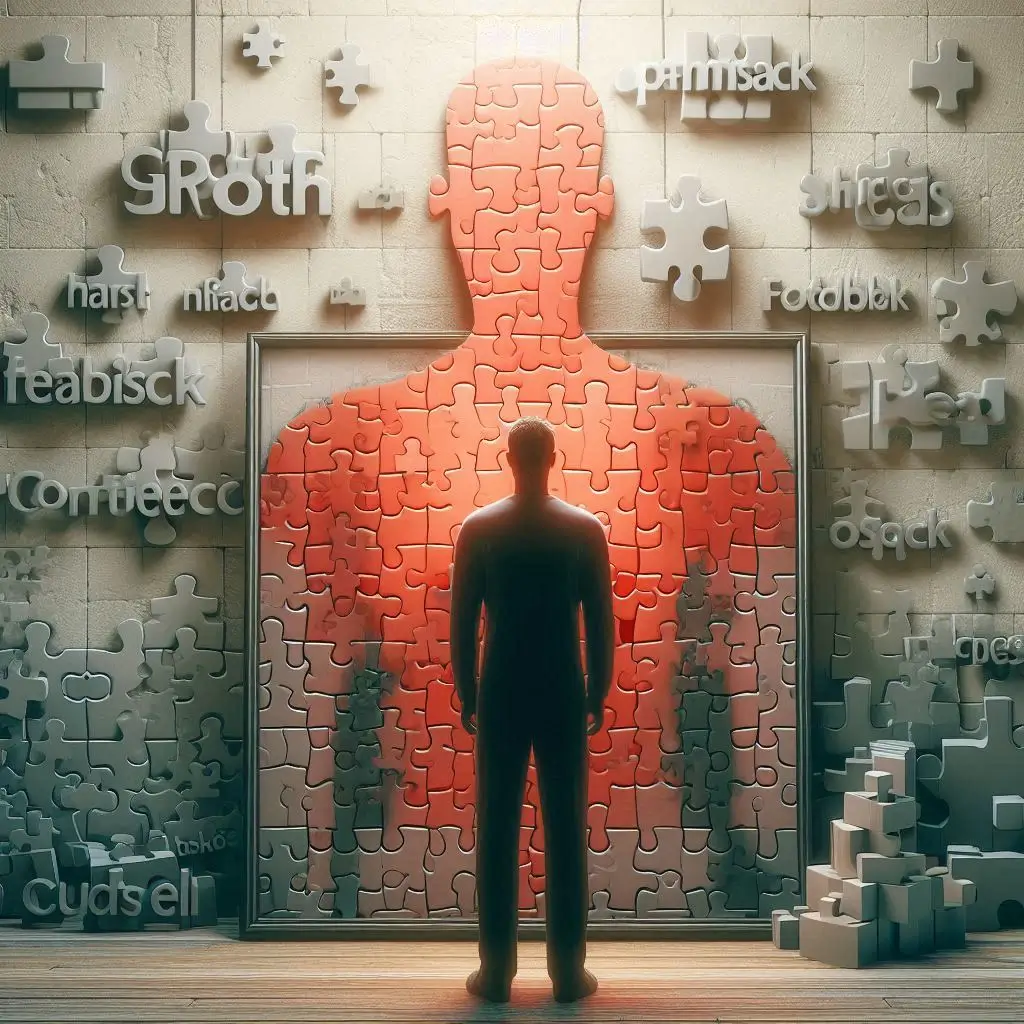 Creative concept showing how to handle criticism at work—reflection made of puzzle pieces symbolizing self-growth and feedback acceptance.