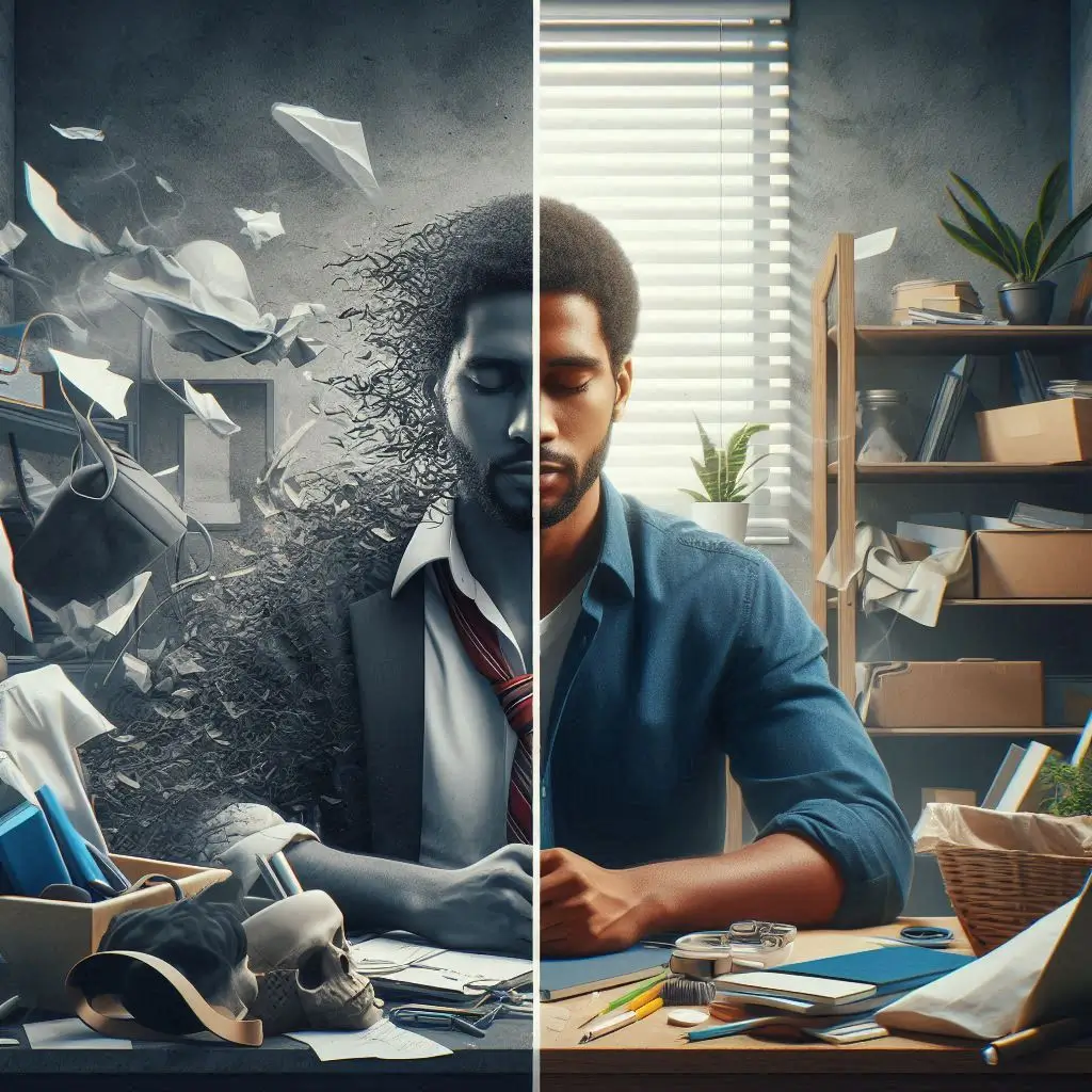 A creative visual representation of how to handle imposter syndrome at work, showing a person transforming from stress to confidence in a calm, organized workspace.