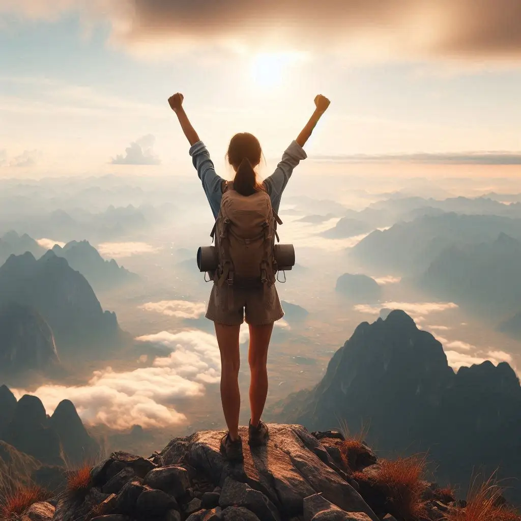 A person stands atop a mountain, arms raised in triumph—symbolizing how to overcome fear in business with courage and clarity at sunrise.