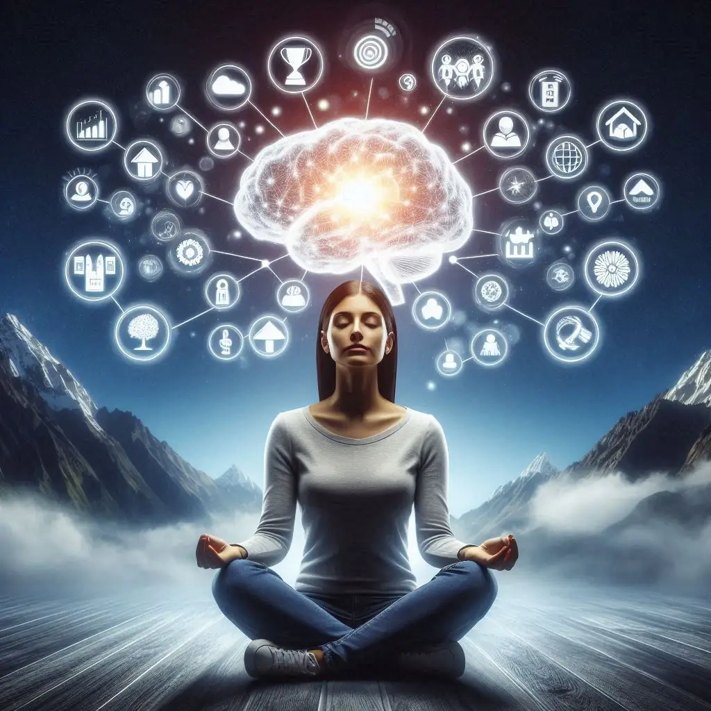 A woman meditates in a serene mountain setting with eyes closed, while a glowing brain and icons float above her, symbolizing visualization practices for goal setting & clarity