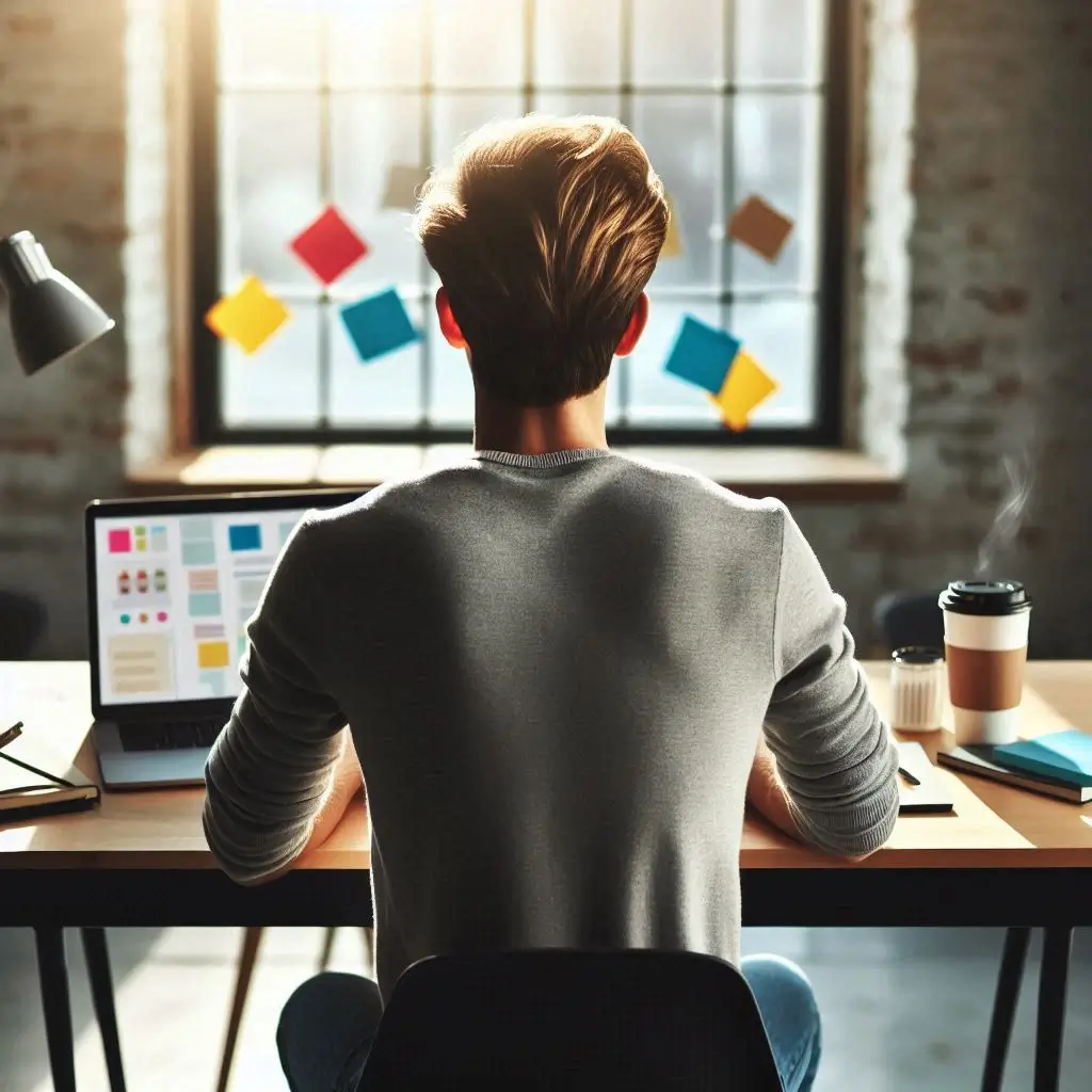 Back view of a confident young entrepreneur sitting at a desk with a laptop, coffee cup, and notebook, brainstorming with sticky notes scattered around, planning the 10 Steps to Start Business