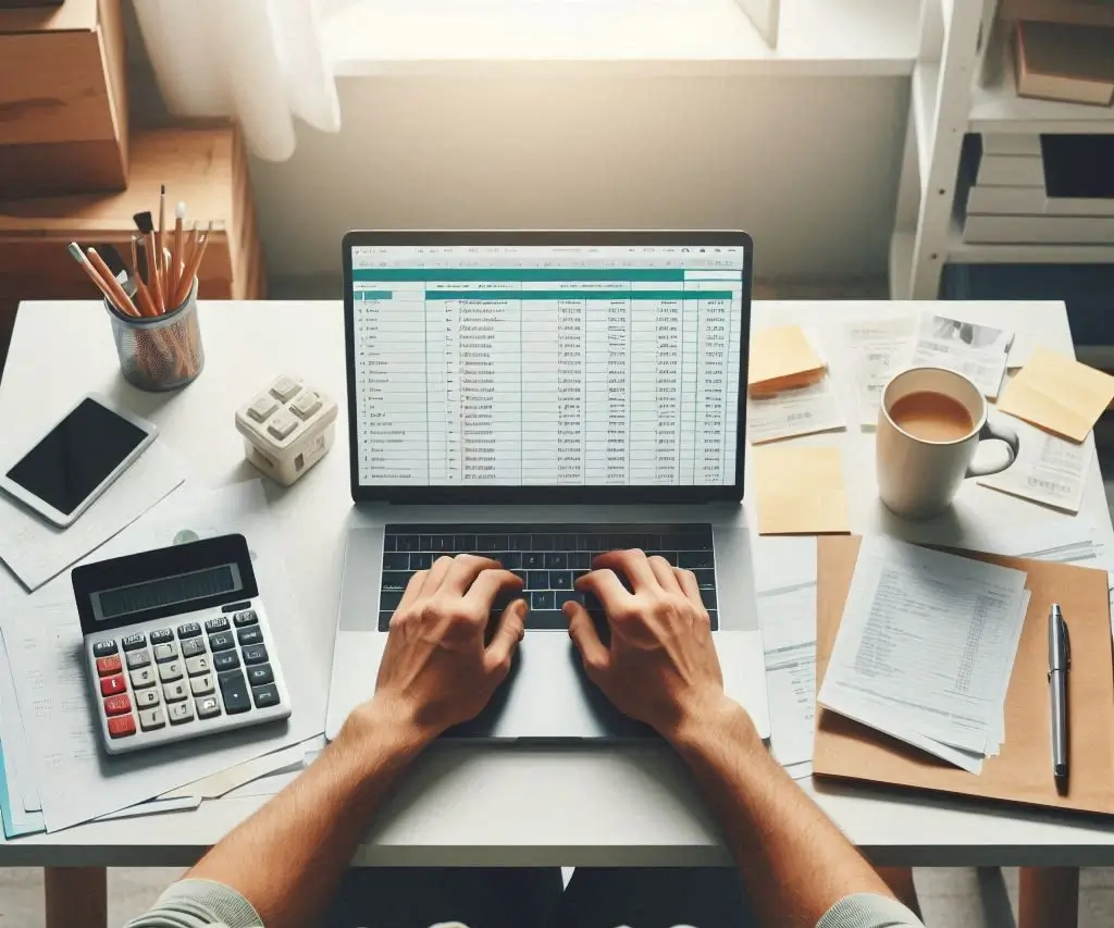 Focused entrepreneur on how to track expenses when just starting a business using a laptop, calculator, and receipts in a home office workspace