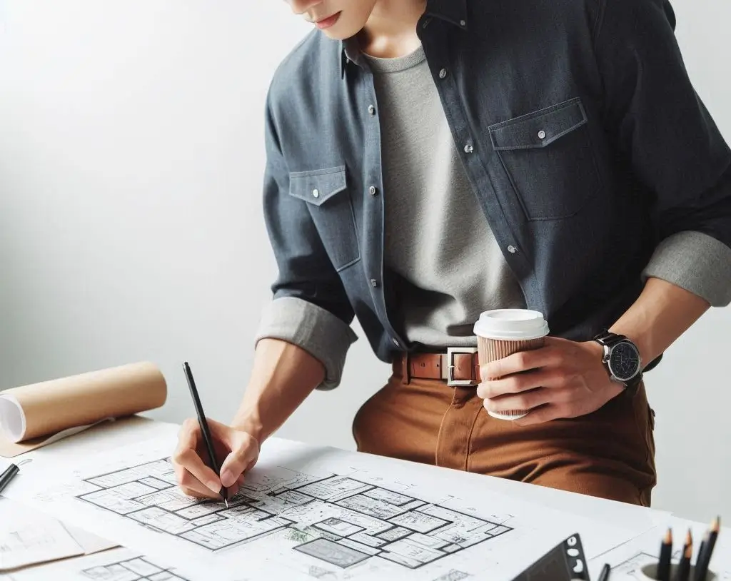 A young entrepreneur Choose the Right Business Model and sketching that on a whiteboard or glass wall, with arrows and sticky notes.