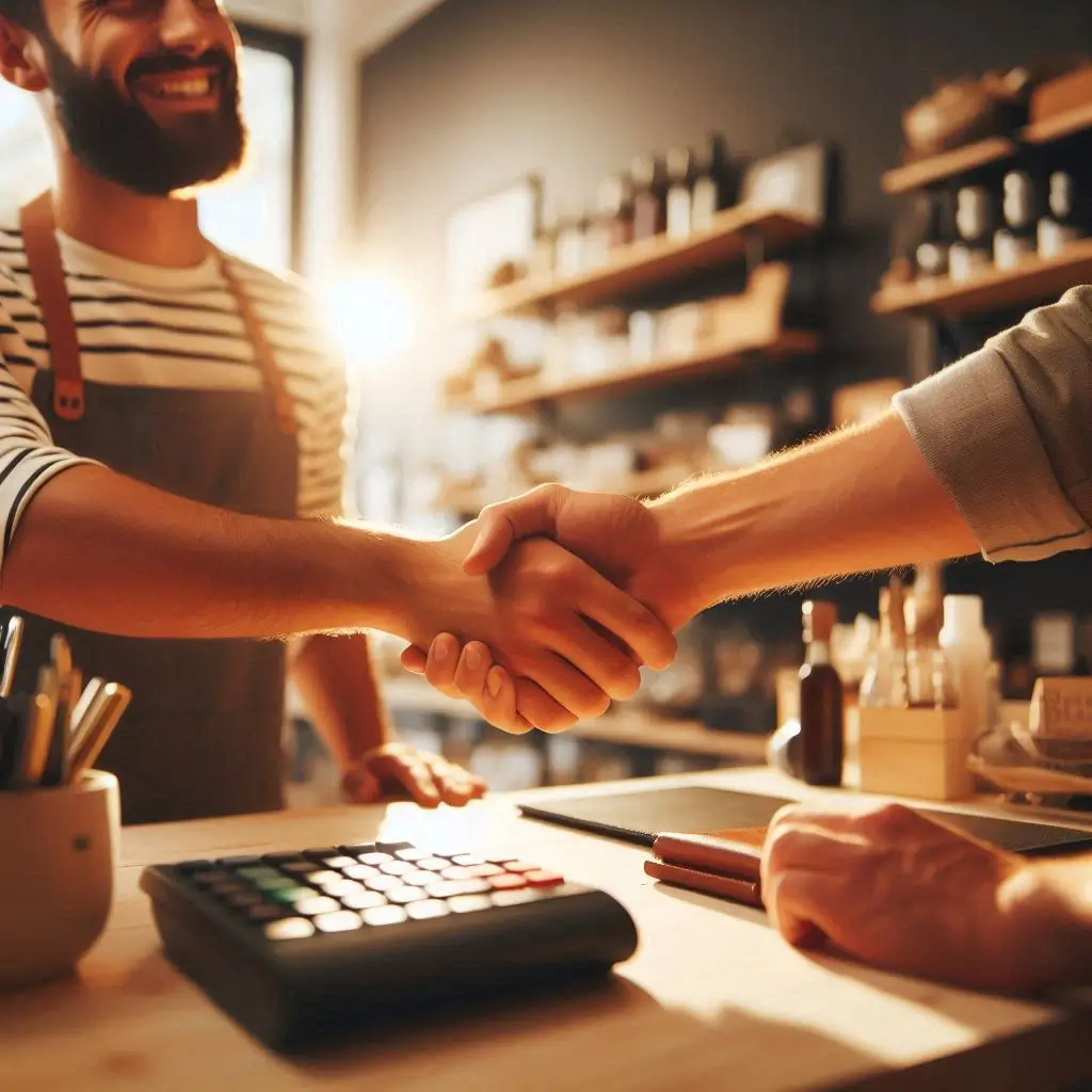 Visual example of what makes customers trust your brand—small business owner connecting with a happy customer through honest and personal service.
