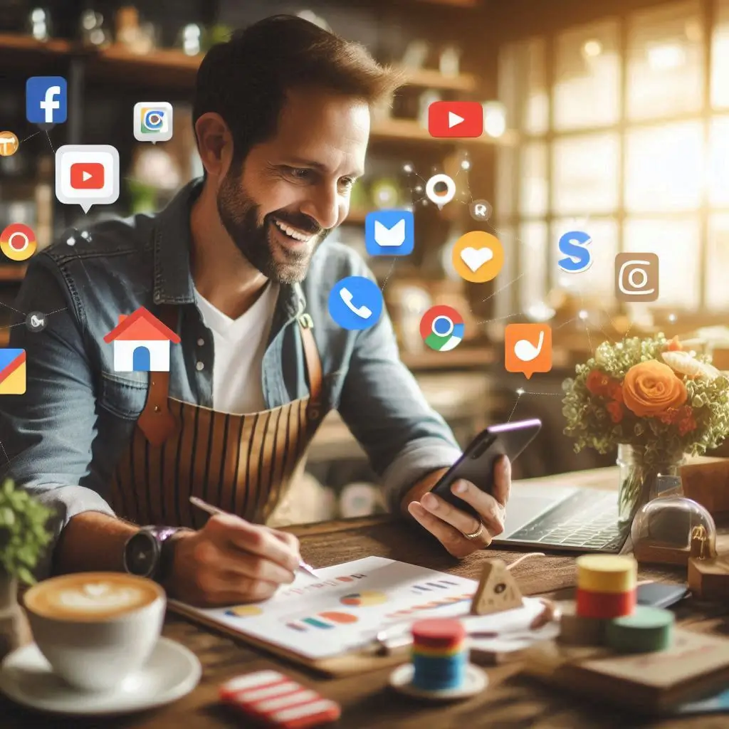 Small business owner learning how to market your small business for free using tools like social media, Google Business Profile, and email marketing.
