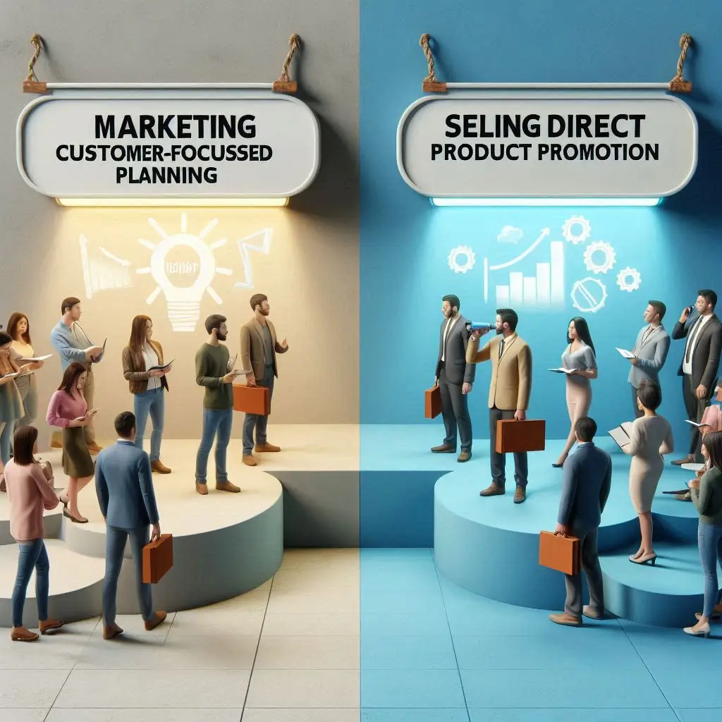 Split-screen visual showing the difference between marketing and selling (direct product promotion) with people in each role.