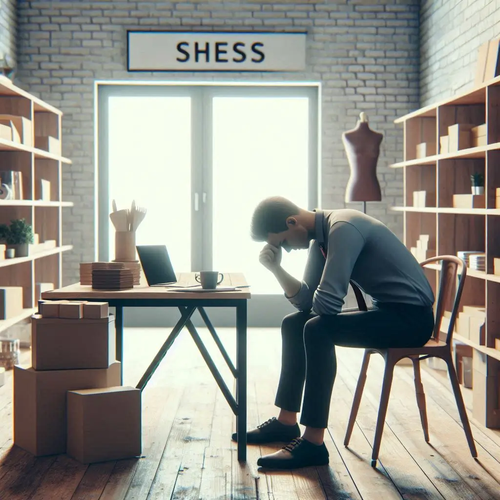 "Owner of a business shop sitting alone in a quiet store, reflecting on what to do when business is slow."