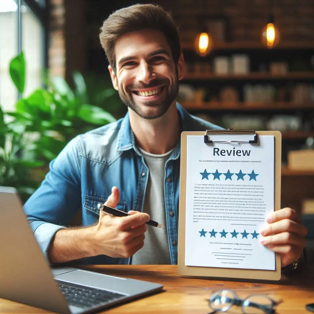 Business owner displaying a happy customer review to show how to ask for testimonials that actually help you sell and build social proof.