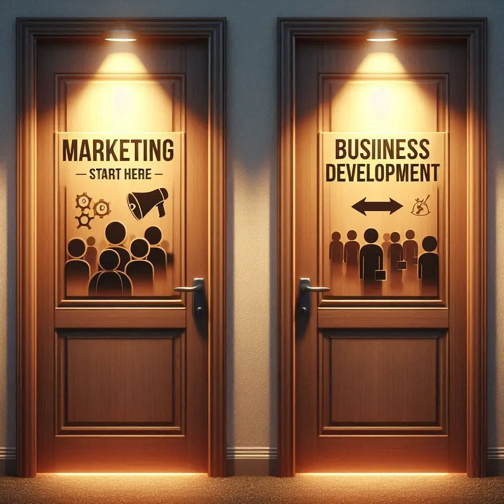 Two labeled doors showing Business Development vs Marketing—one marked for attracting customers, the other for building partnerships.