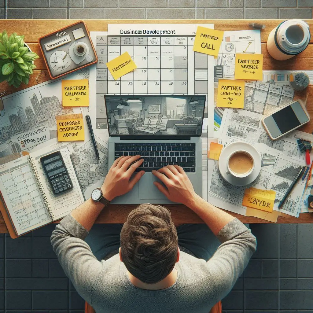 Solo founder working with help of business development tips without a team, managing growth tasks from a desk with tools and plans visible.