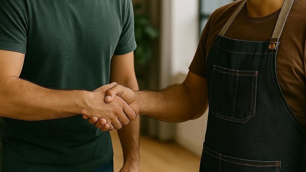 How to maintain good relationships with customers – business professional shaking hands with a smiling customer, symbolizing trust, satisfaction, and long-term partnership.