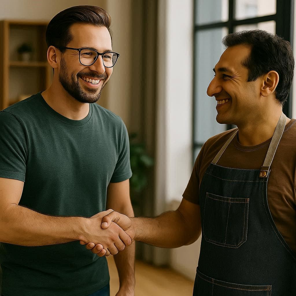 How to maintain good relationships with customers – business professional shaking hands with a smiling customer, symbolizing trust, satisfaction, and long-term partnership.