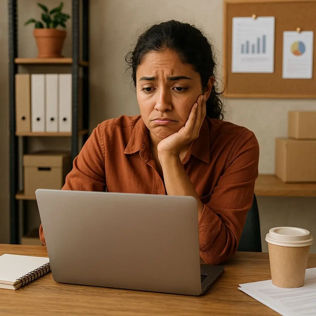 Frustrated business owner reading client rejection in business email but taking notes to improve next pitch.