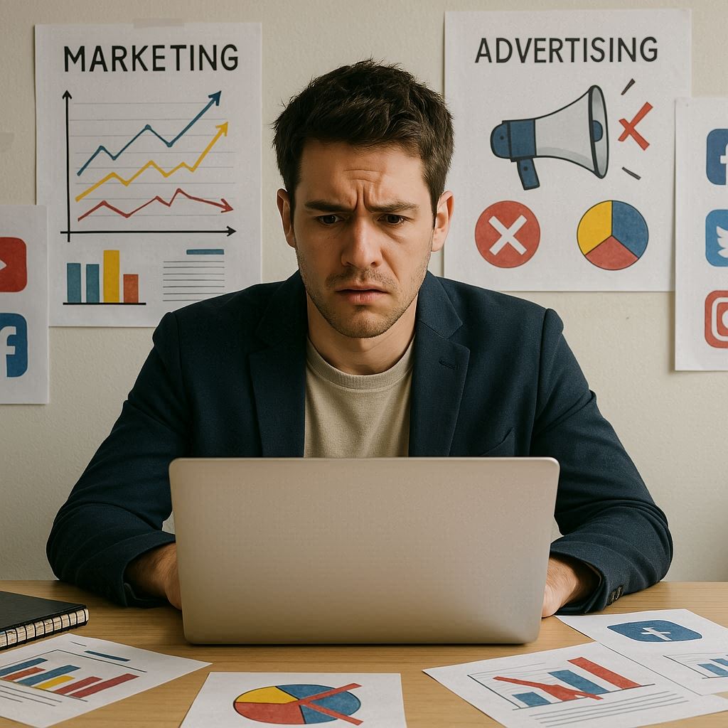 Young entrepreneur analyzing failed marketing tactics, highlighting common Marketing Mistakes Young Entrepreneurs Should Avoid.