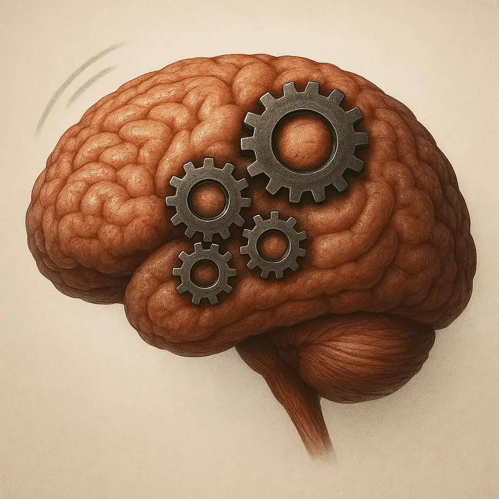 Illustration of a brain with gears turning inside and a glowing light bulb above it, symbolizing the right mindset for business growth.