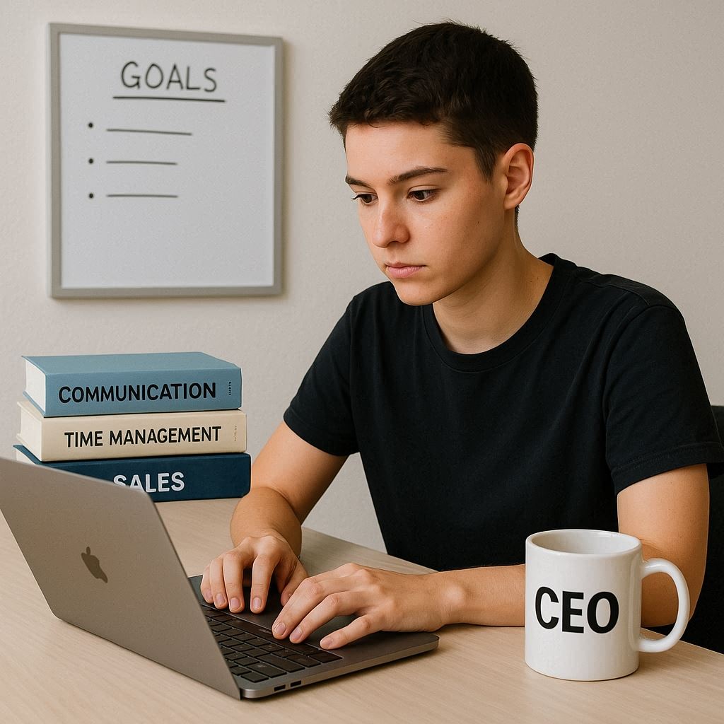 A clean, modern desk with a young adult (early 20s) working intently on a laptop. Nearby are books labeled “Communication,” “Time Management,” “Sales,” and a coffee mug with “CEO” on it. Skills Every Young Entrepreneur Should Learn